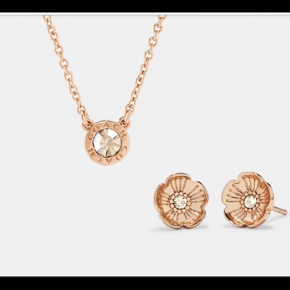 COACH-Open Circle Necklace, Tea Rose Stud Earrings - Picture 2 of 6